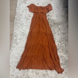 Off the shoulder terracotta pleated maxi dress